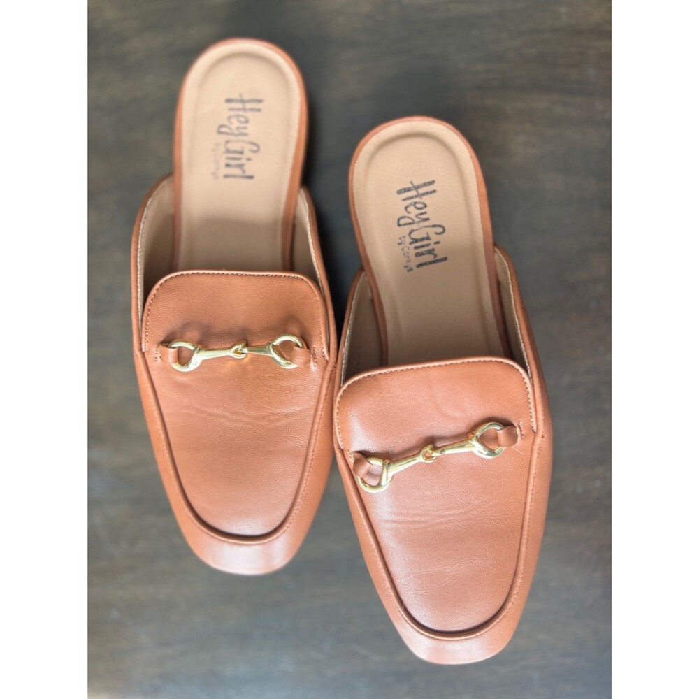 Corkys Tan Slip-On Mules with Gold Horse Bit Sz 8